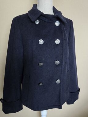 GAP Navy Short Double Breasted Wool Blend Pea Coat Pewter Color Buttons - S